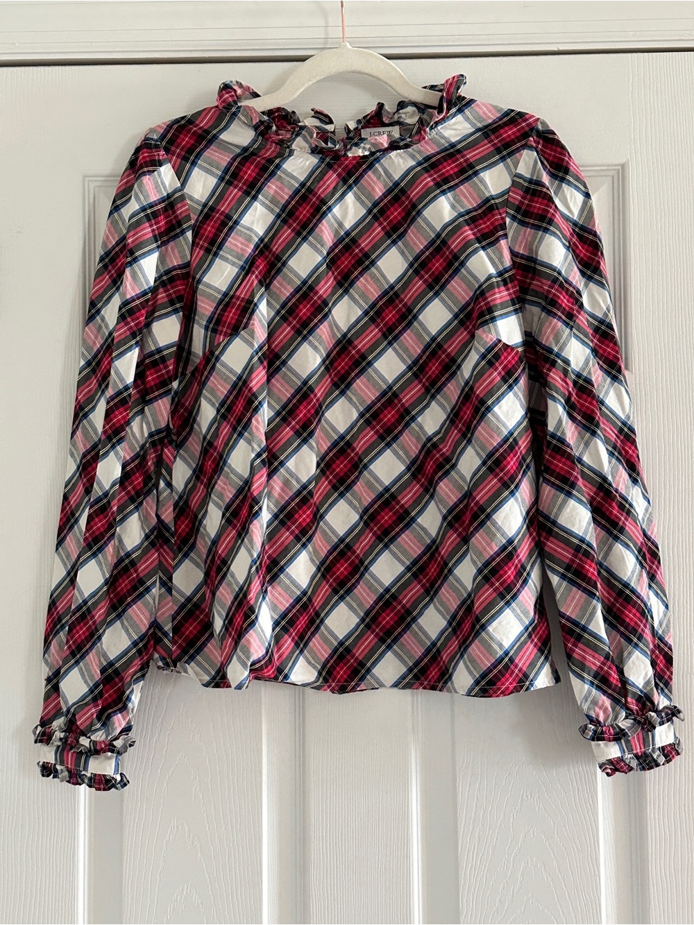 Plaid Ruffle-Neck Long-Sleeve Top
